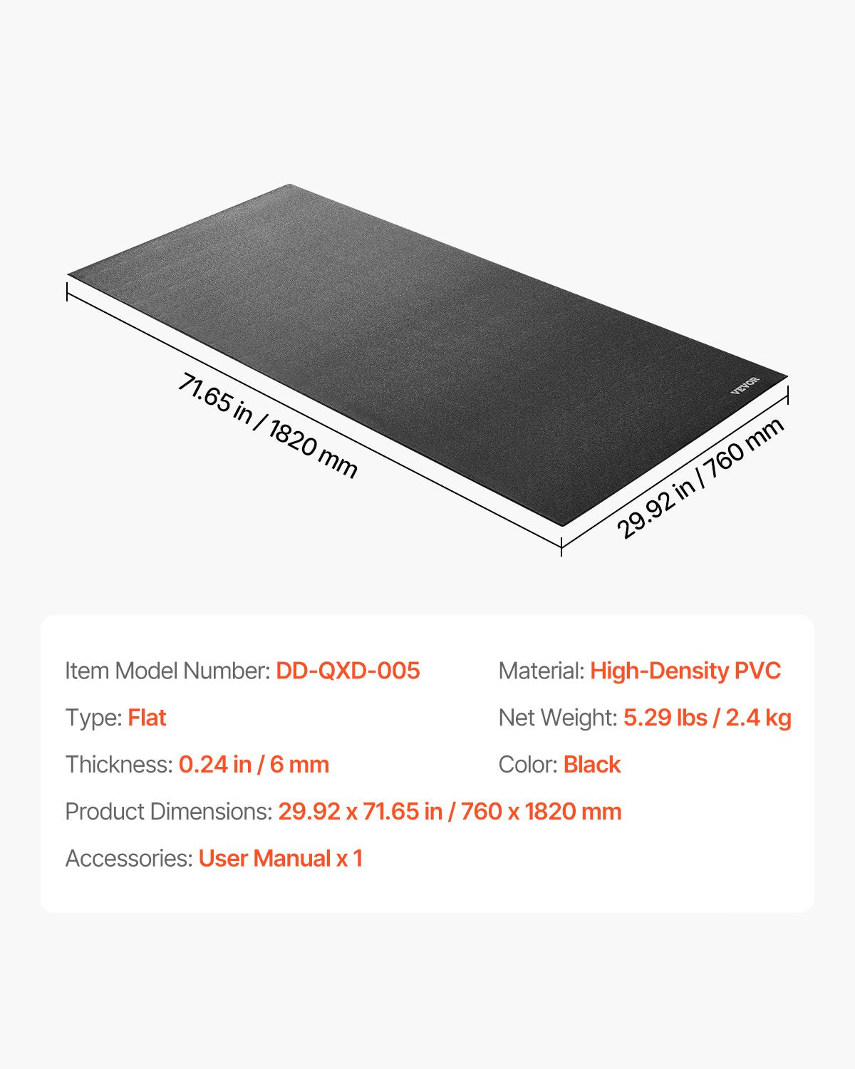 Treadmill Mat for Carpet Floor, 1/4" Thick, 30" x 72" Exercise Equipment Mat for Treadmills, Stationary & Recumbent Bikes, High Density PVC Floor Protector, Waterproof and Non-slip for Home Gym