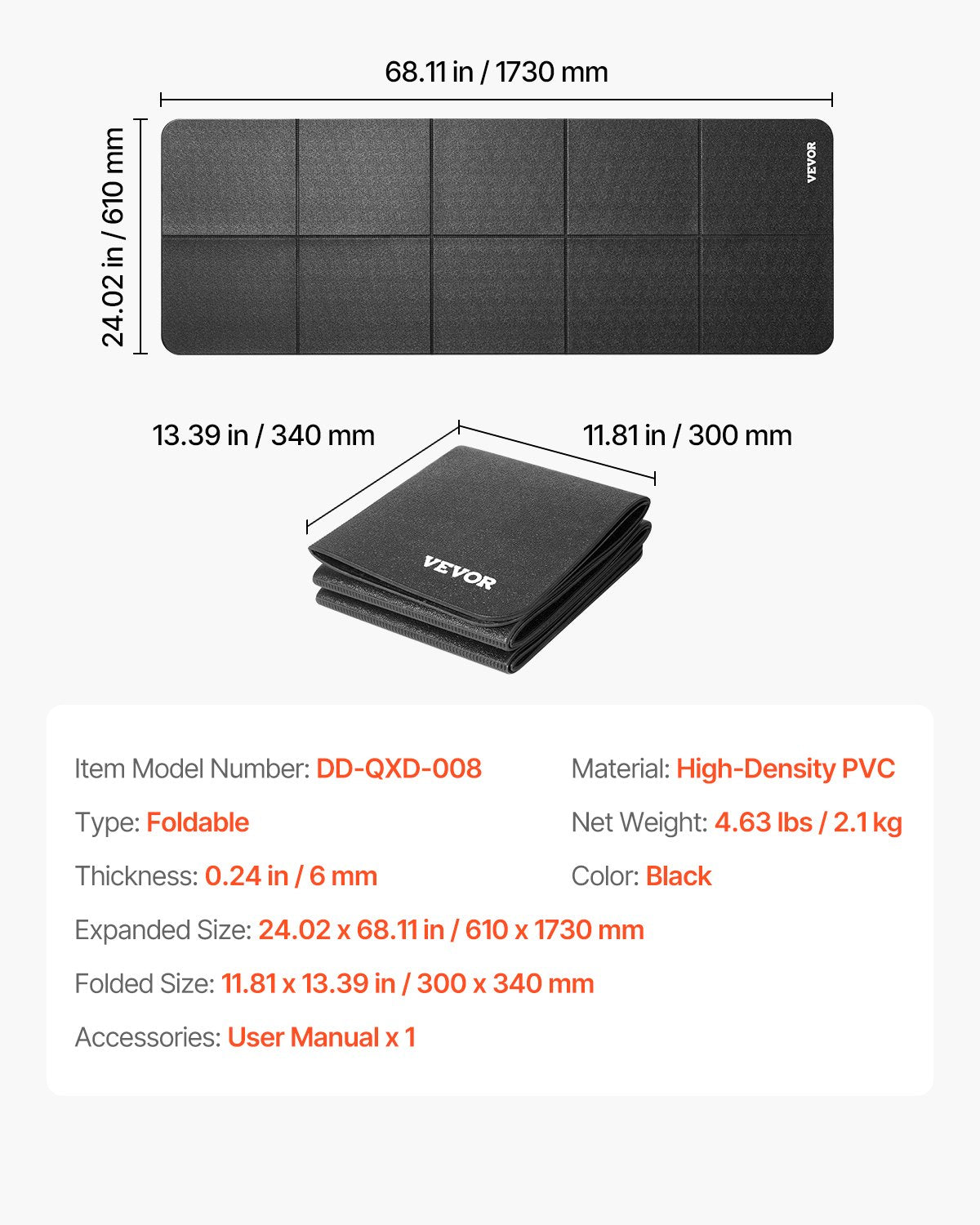 Foldable Walking Pad Treadmill Mat, 1/4" Thick, 24" x 68" Exercise Equipment Mat for Elliptical on Carpet Hardwood Floor, High Density PVC Floor Protector, Waterproof and Non-slip for Home Gym