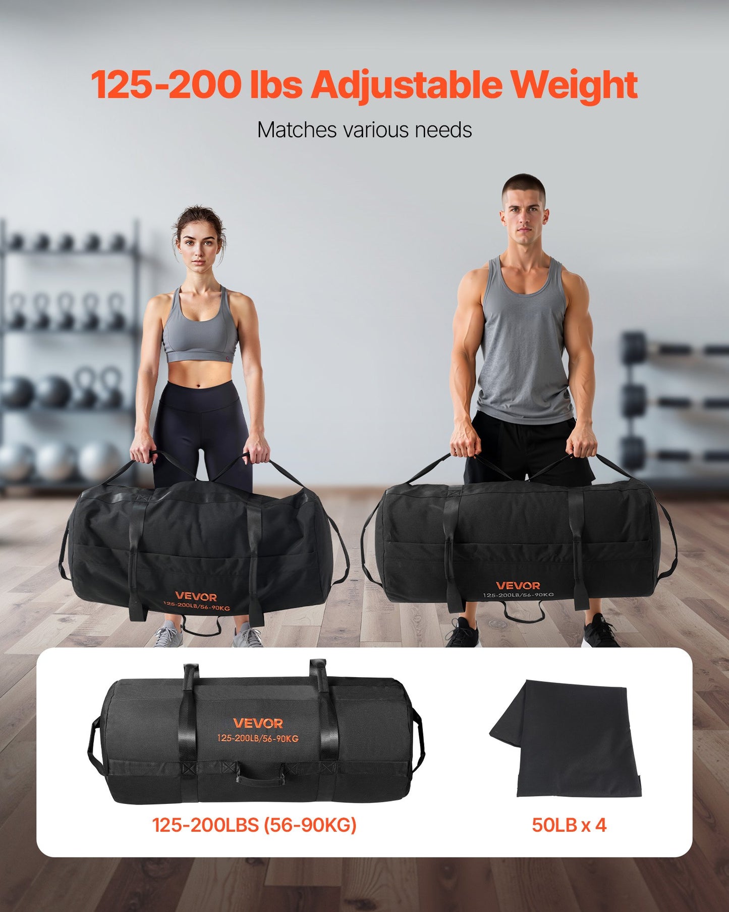 Workout Sandbag, Heavy Duty Workout Power Bags with Handles, 125-200 lbs Adjustable Slam Bag for Fitness Strength Weight Training Cross-Training, Home Gym Exercise, Black (Unfilled)