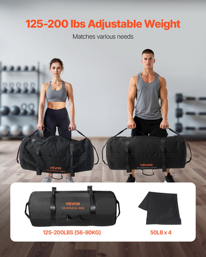 Workout Sandbag, Heavy Duty Workout Power Bags with Handles, 125-200 lbs Adjustable Slam Bag for Fitness Strength Weight Training Cross-Training, Home Gym Exercise, Black (Unfilled)