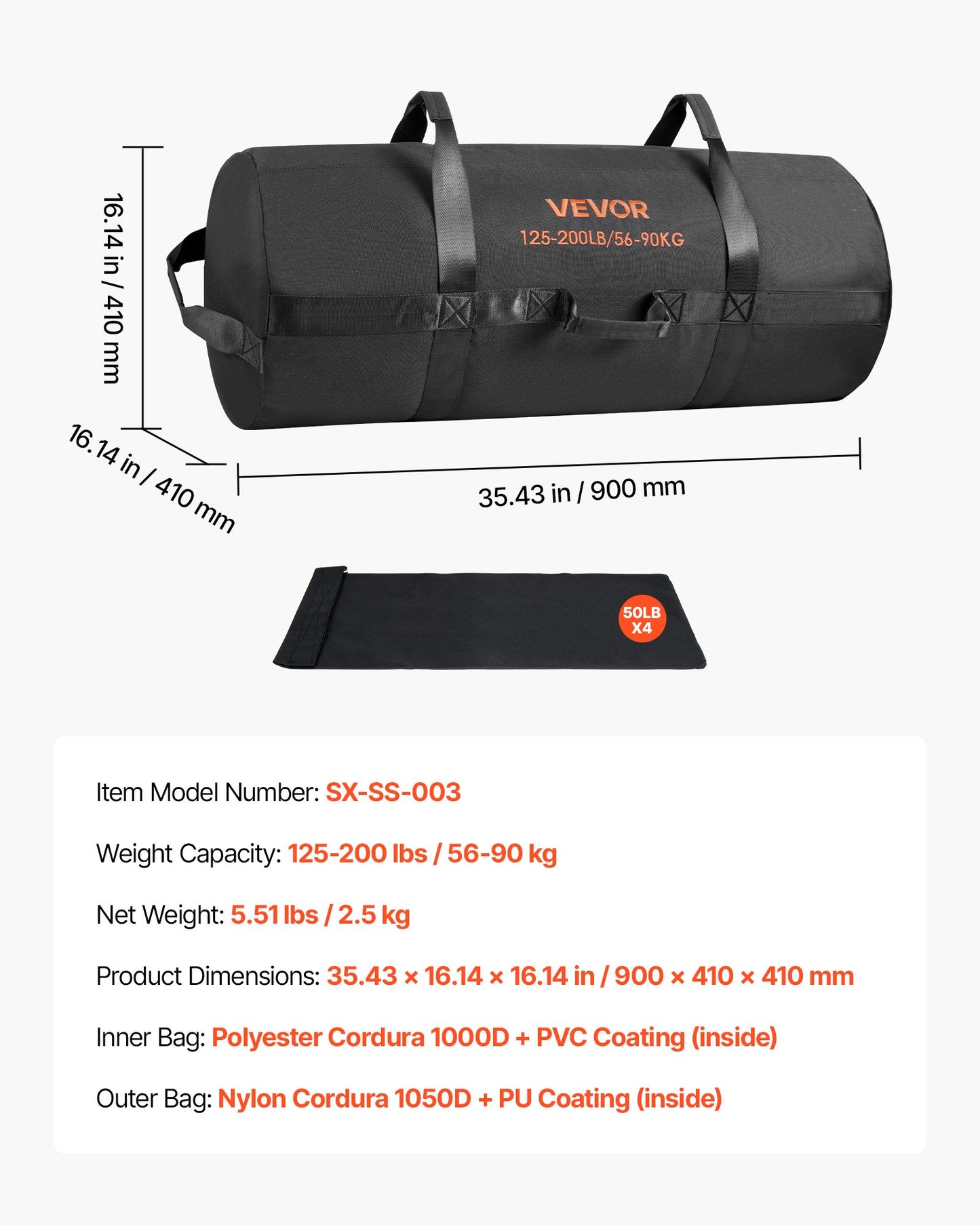 Workout Sandbag, Heavy Duty Workout Power Bags with Handles, 125-200 lbs Adjustable Slam Bag for Fitness Strength Weight Training Cross-Training, Home Gym Exercise, Black (Unfilled)