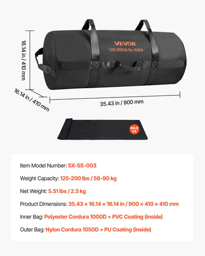 Workout Sandbag, Heavy Duty Workout Power Bags with Handles, 125-200 lbs Adjustable Slam Bag for Fitness Strength Weight Training Cross-Training, Home Gym Exercise, Black (Unfilled)