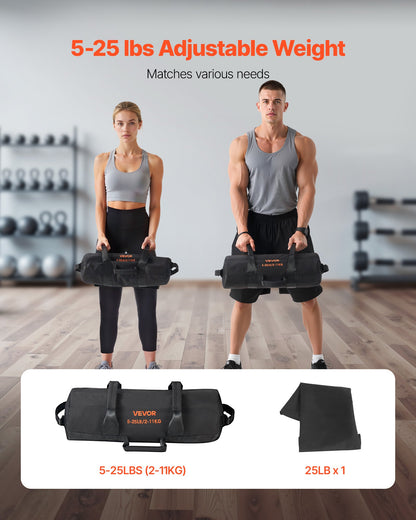 Workout Sandbag, Heavy Duty Workout Power Bags with Handles, 5-25 lbs Adjustable Slam Bag for Fitness Strength Weight Training Cross-Training, Home Gym Exercise, Black (Unfilled)