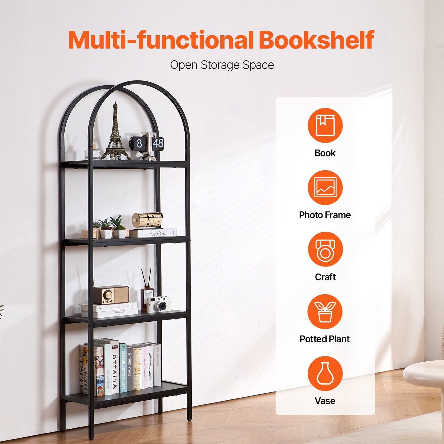 Metal Bookshelf, 4-Tier Arched Industrial Bookshelf, Small Rustic Vintage Storage Bookcase with Open Shelves, Freestanding Display Shelving Unit Storage Rack, for Living room, Bedroom & Office