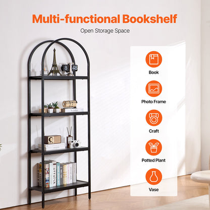 Metal Bookshelf, 4-Tier Arched Industrial Bookshelf, Small Rustic Vintage Storage Bookcase with Open Shelves, Freestanding Display Shelving Unit Storage Rack, for Living room, Bedroom & Office