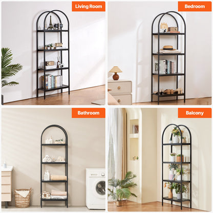 Metal Bookshelf, 4-Tier Arched Industrial Bookshelf, Small Rustic Vintage Storage Bookcase with Open Shelves, Freestanding Display Shelving Unit Storage Rack, for Living room, Bedroom & Office