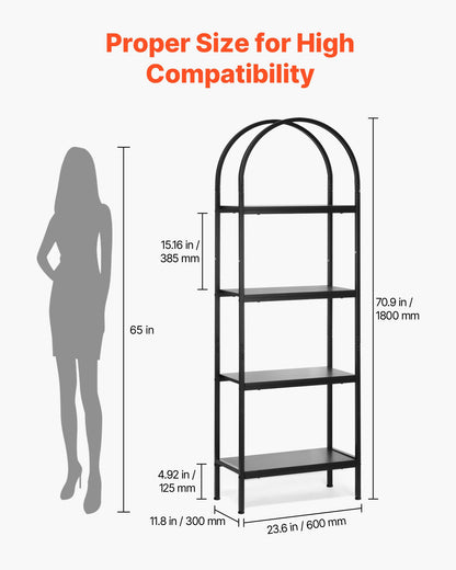 Open Bookshelf, 4-Tier, Arched Bookcase Storage Shelves with Metal Frame, Industrial Metal Book Organizer, Freestanding Display Rack Tall Shelving Unit, for Office, Bedroom, Living Room, Black