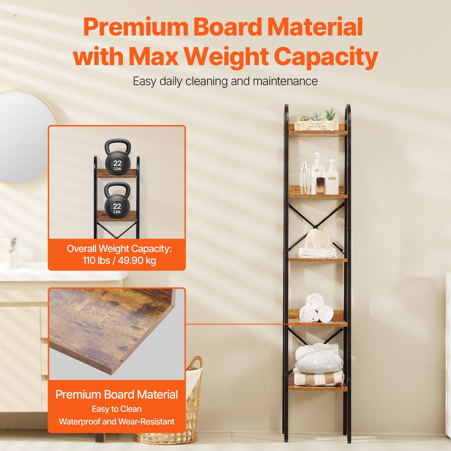 Bücherregal aus Metall, rustikales Bücherregal mit 5 Ebenen für Wohnzimmer, Schlafzimmer und Büro