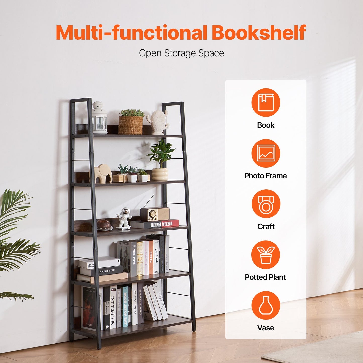 Bücherregal aus Metall, rustikales Bücherregal mit 5 Ebenen für Wohnzimmer, Schlafzimmer und Büro