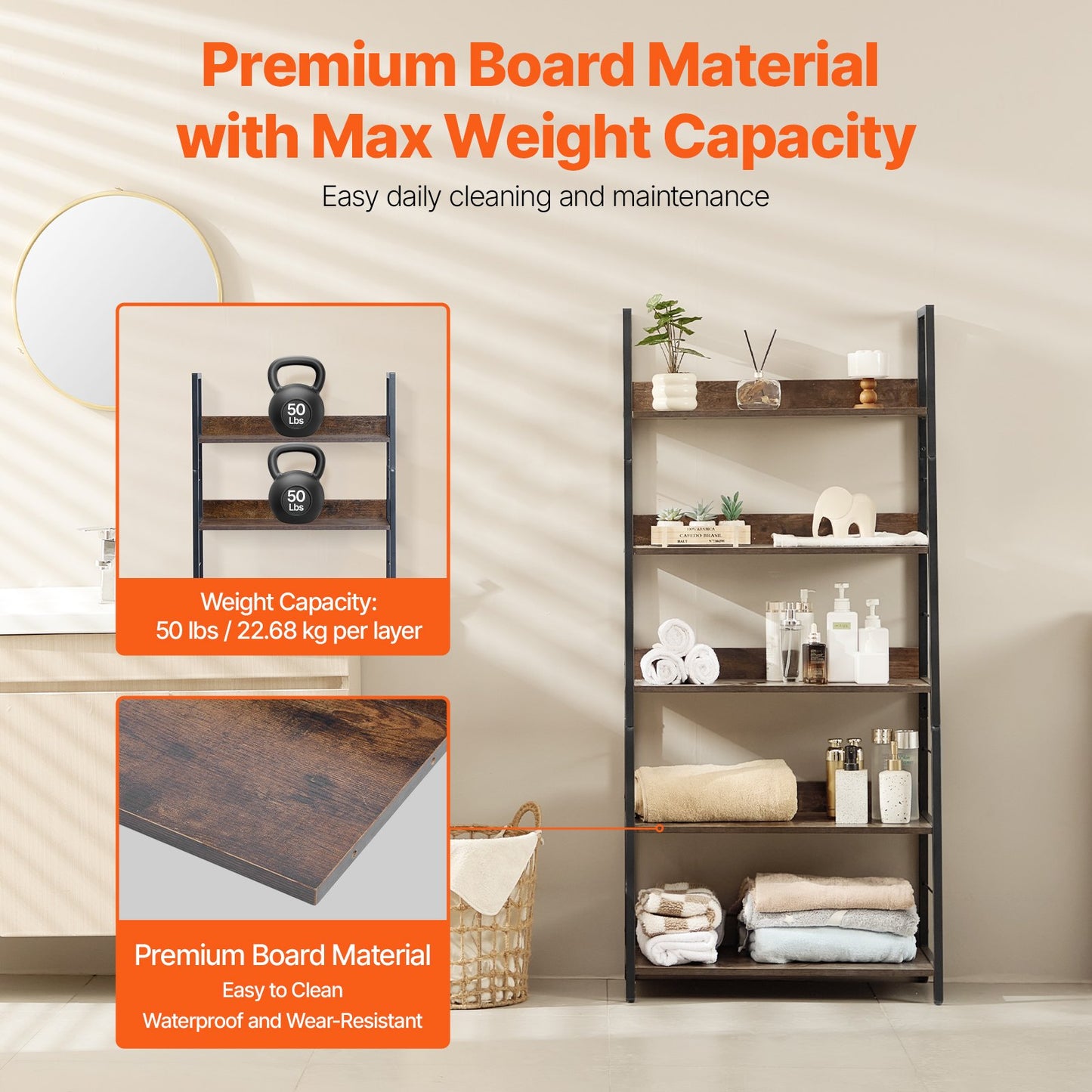 Bücherregal aus Metall, rustikales Bücherregal mit 5 Ebenen für Wohnzimmer, Schlafzimmer und Büro