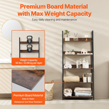 Bücherregal aus Metall, rustikales Bücherregal mit 5 Ebenen für Wohnzimmer, Schlafzimmer und Büro