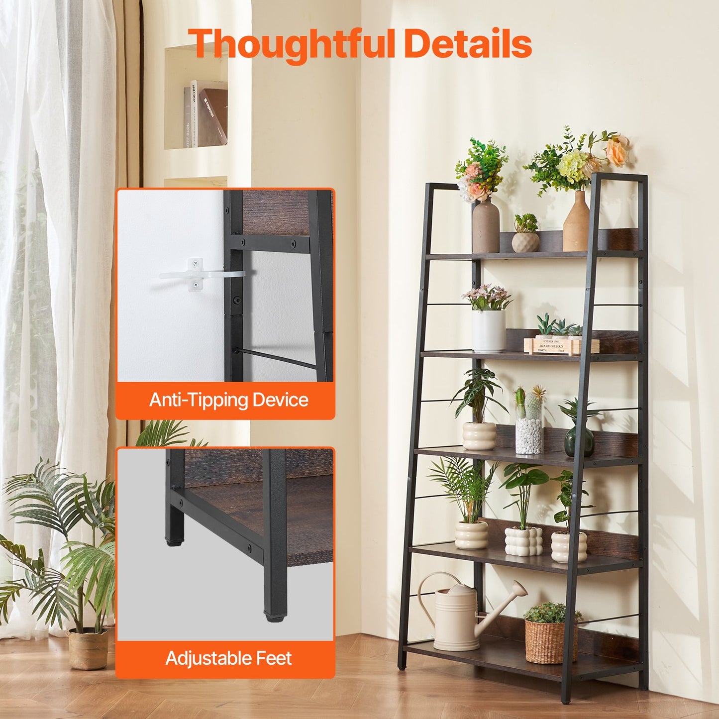 Bücherregal aus Metall, rustikales Bücherregal mit 5 Ebenen für Wohnzimmer, Schlafzimmer und Büro