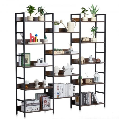 Triple Metal Bookshelf, 14-Tier Industrial Bookshelf, Large Rustic Vintage Storage Bookcase with Open Shelves, Freestanding Display Shelving Unit Storage Rack, for Living room, Bedroom & Office