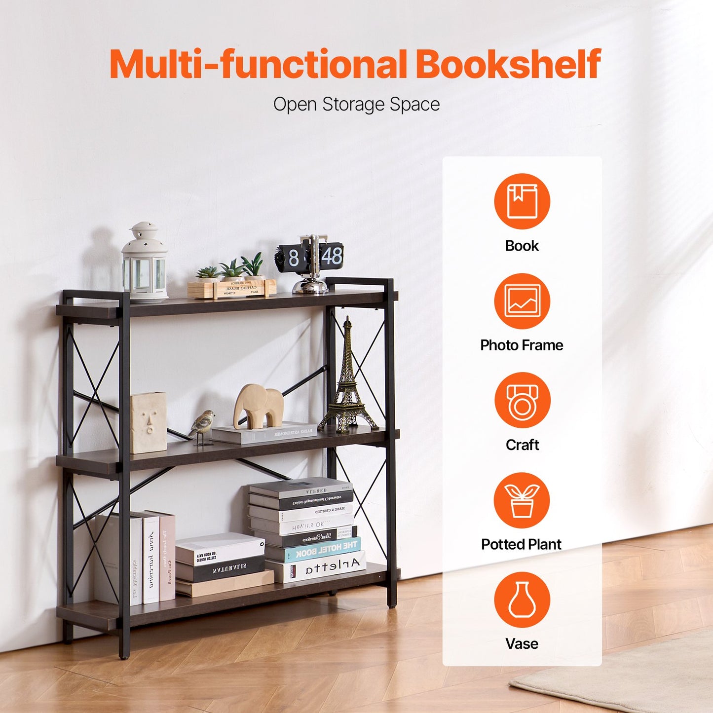 Metal Bookshelf, 3-Tier Industrial Bookshelf, Small Rustic Storage Display Bookcase with Open Shelves, Freestanding Display Vintage Shelving Unit Storage Rack, for Living room, Bedroom & Office