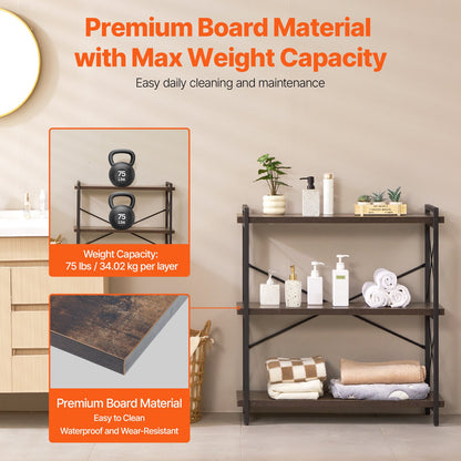 Metal Bookshelf, 3-Tier Industrial Bookshelf, Small Rustic Storage Display Bookcase with Open Shelves, Freestanding Display Vintage Shelving Unit Storage Rack, for Living room, Bedroom & Office
