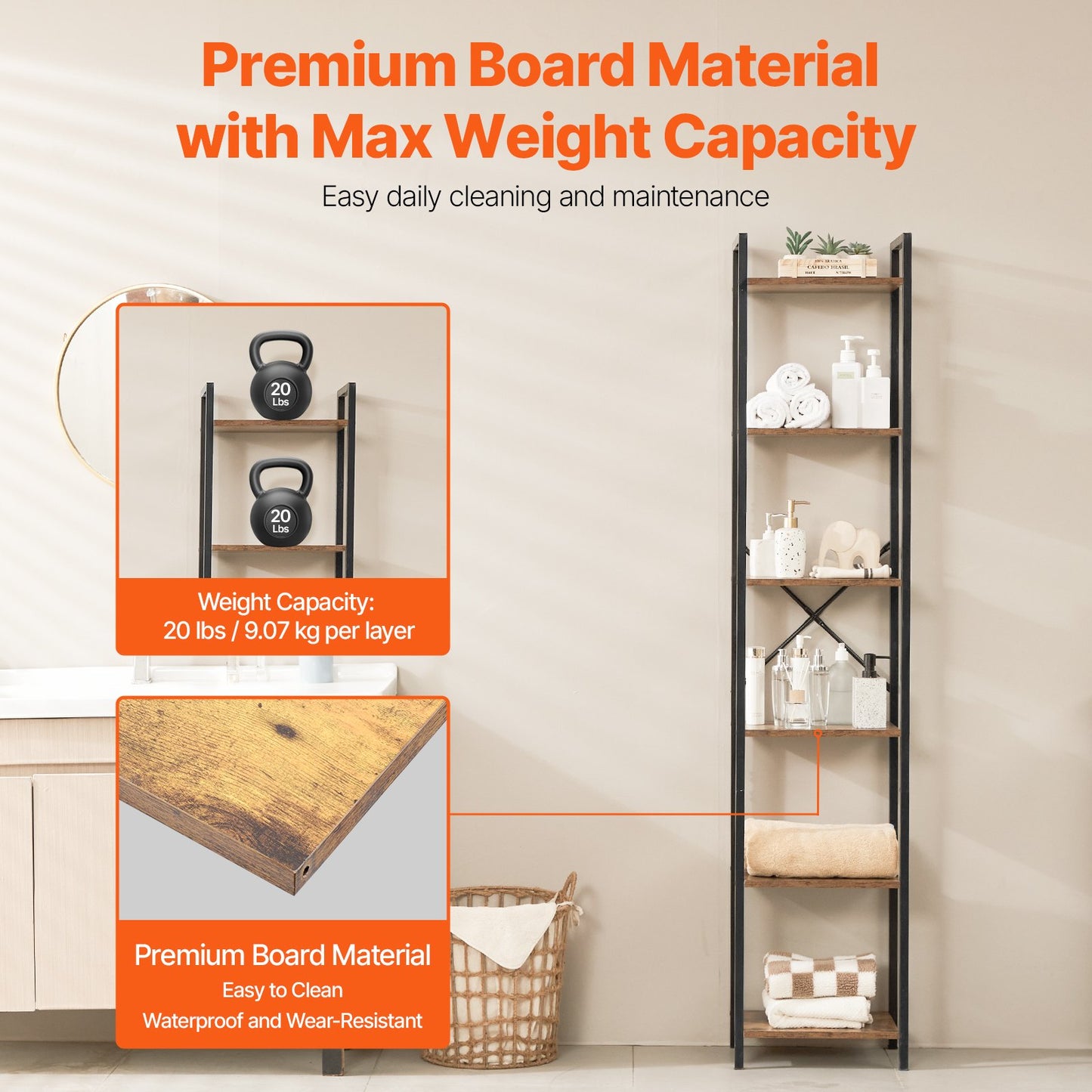 Bücherregal aus Metall, rustikales Bücherregal mit 6 Ebenen für Wohnzimmer, Schlafzimmer und Büro