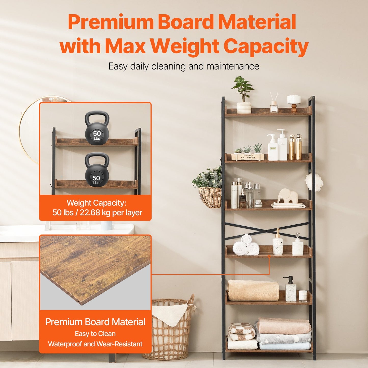 Bücherregal aus Metall, rustikales Bücherregal mit 6 Ebenen für Wohnzimmer, Schlafzimmer und Büro