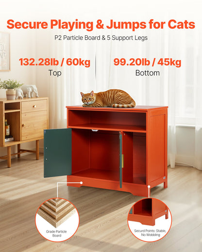 Cat Litter Box Enclosure, 31 in Hidden Litter Box Cabinet with Shelf & Storage, Modern Style Indoor Cat Washroom, Wooden Kitty House Furniture End Table, Fit Most Litterboxes, Red & Green
