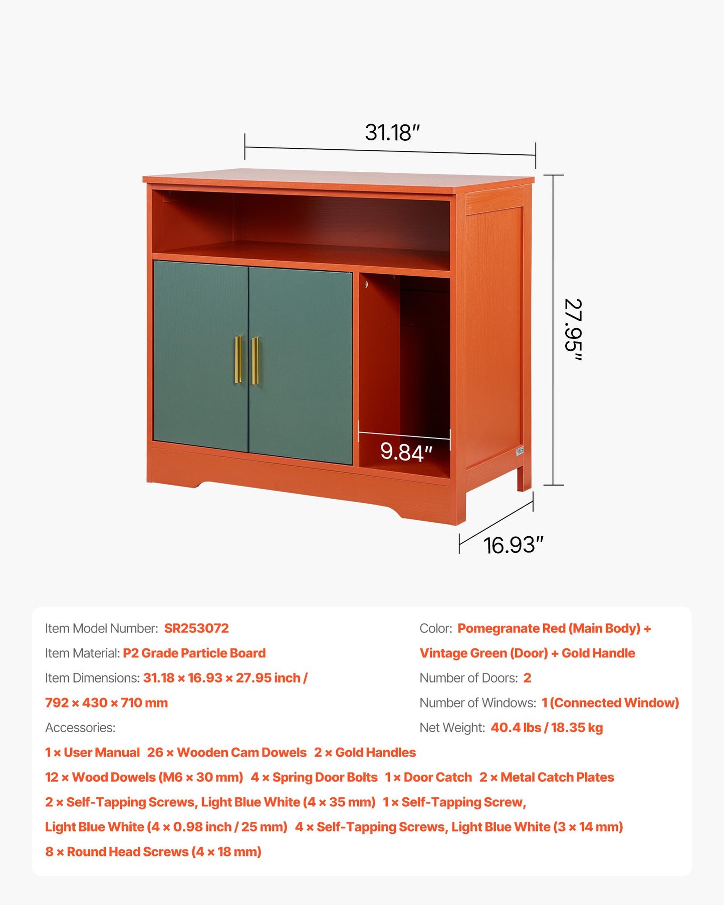Cat Litter Box Enclosure, 31 in Hidden Litter Box Cabinet with Shelf & Storage, Modern Style Indoor Cat Washroom, Wooden Kitty House Furniture End Table, Fit Most Litterboxes, Red & Green