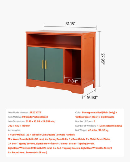 Cat Litter Box Enclosure, 31 in Hidden Litter Box Cabinet with Shelf & Storage, Modern Style Indoor Cat Washroom, Wooden Kitty House Furniture End Table, Fit Most Litterboxes, Red & Green