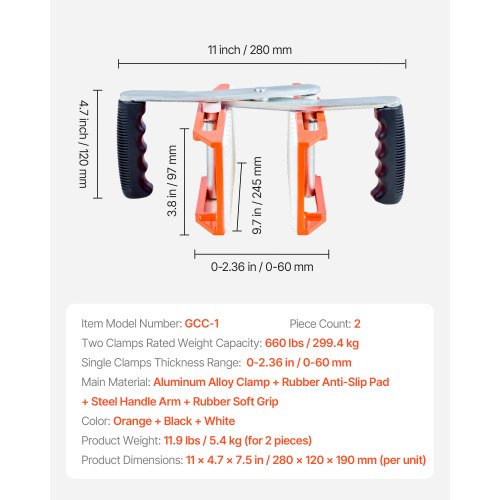 Double-Handed Stone Carrier Clamps 660 lbs Granite Panel Carrier
