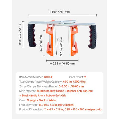 Double-Handed Stone Carrier Clamps 660 lbs Granite Panel Carrier