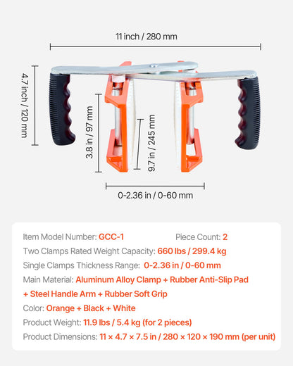 Double Handed Stone Carrying Clamps, 660 lbs Load Capacity, 2 Pack Granite Panel Carriers Lifting Tools with Rubber-lined (0-2.36 Inches), Heavy Duty lifting Clamps for Plywood, Glass, Granite