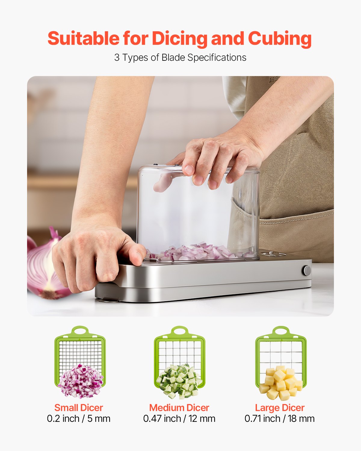 Vegetable Chopper, Food Veggie Cutter with 3 Stainless Steel Blades, Onion Slicer with Container, Salad Potato Dicer Kitchen Gadgets & Essentials Home Appliances Tools for Easy DIY, Silver