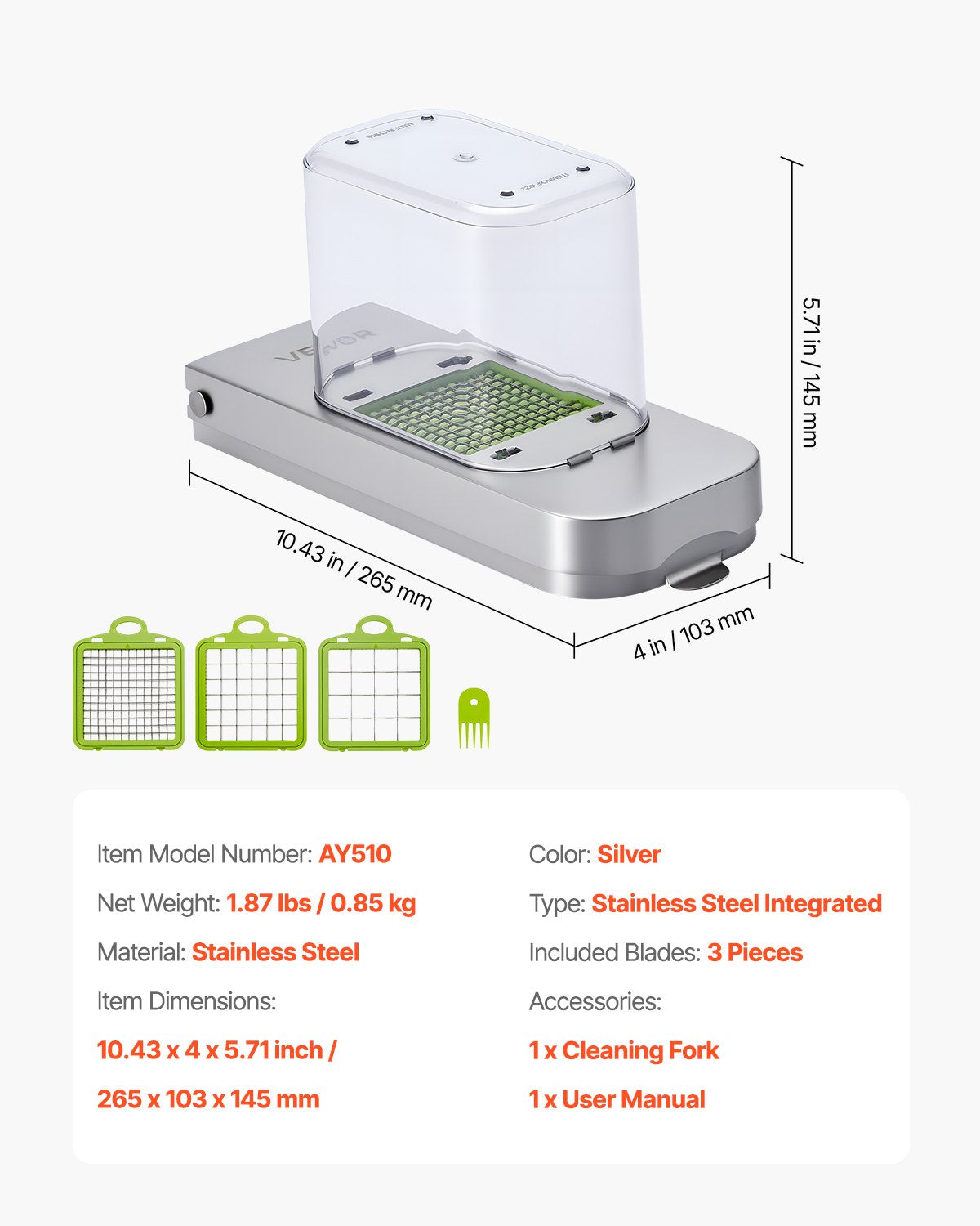 Vegetable Chopper, Food Veggie Cutter with 3 Stainless Steel Blades, Onion Slicer with Container, Salad Potato Dicer Kitchen Gadgets & Essentials Home Appliances Tools for Easy DIY, Silver