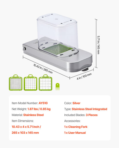 Vegetable Chopper, Food Veggie Cutter with 3 Stainless Steel Blades, Onion Slicer with Container, Salad Potato Dicer Kitchen Gadgets & Essentials Home Appliances Tools for Easy DIY, Silver