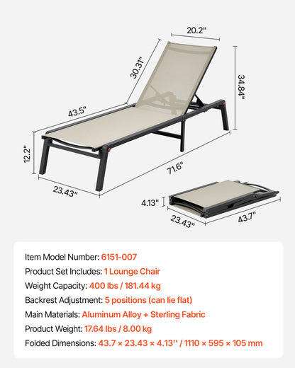 Outdoor Chaise Lounge Chair, 400 lbs Weight Capacity, Foldable Sun Tanning Chair, 5 Adjustable Positions, Easy Assembly, Heavy Duty Aluminum Pool Recliner Lounge Chairs, for Beach Yard Patio