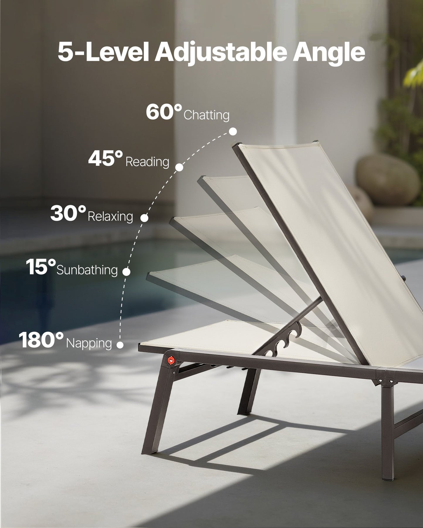 Outdoor Chaise Lounge Chair Set of 2, 400 lbs Weight Capacity, Foldable Sun Tanning Chair, 5 Adjustable Positions, Easy Assembly, Aluminum Pool Recliner Lounge Chairs, for Beach Yard Patio