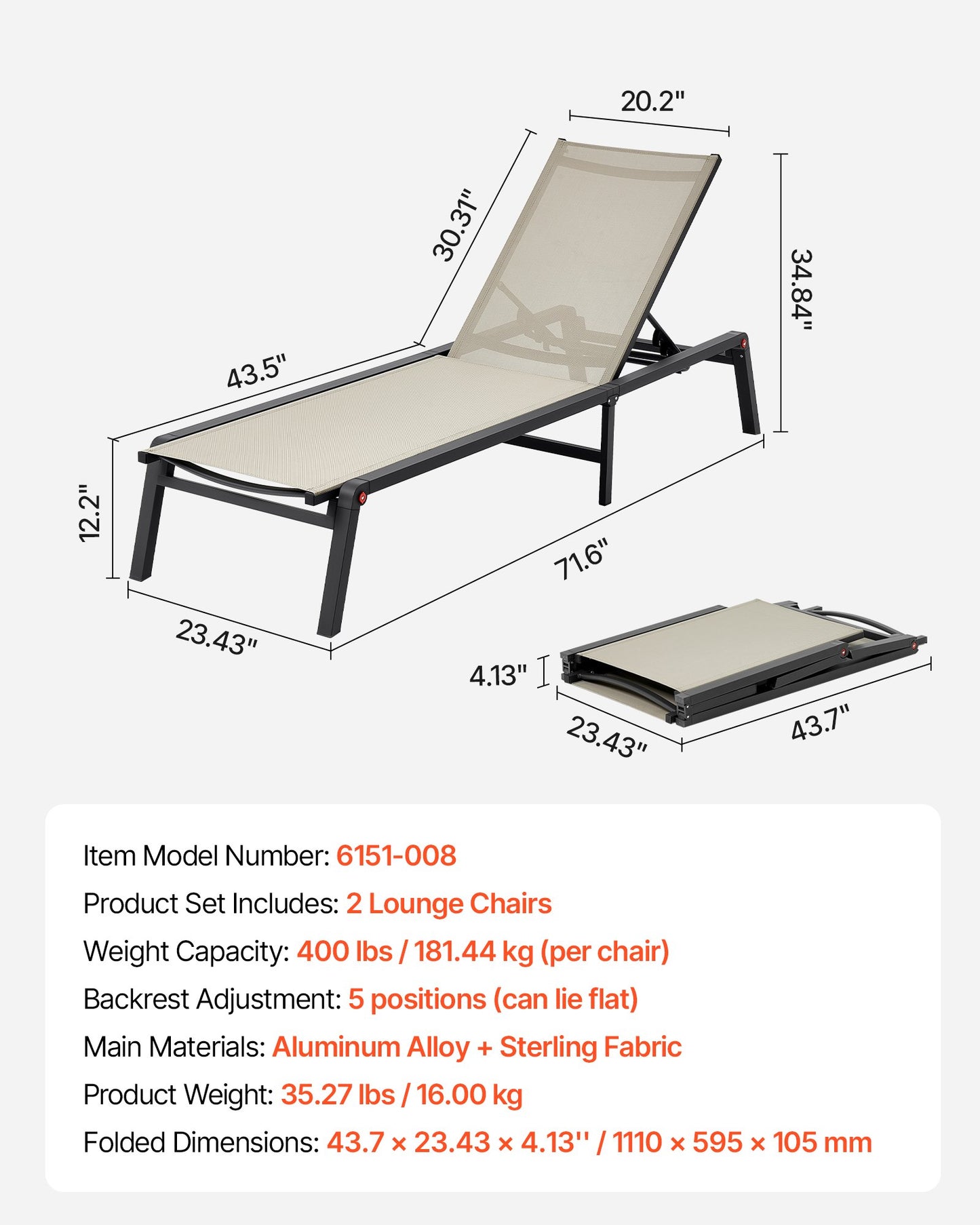 Outdoor Chaise Lounge Chair Set of 2, 400 lbs Weight Capacity, Foldable Sun Tanning Chair, 5 Adjustable Positions, Easy Assembly, Aluminum Pool Recliner Lounge Chairs, for Beach Yard Patio
