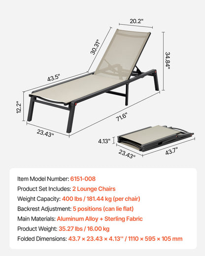 Outdoor Chaise Lounge Chair Set of 2, 400 lbs Weight Capacity, Foldable Sun Tanning Chair, 5 Adjustable Positions, Easy Assembly, Aluminum Pool Recliner Lounge Chairs, for Beach Yard Patio