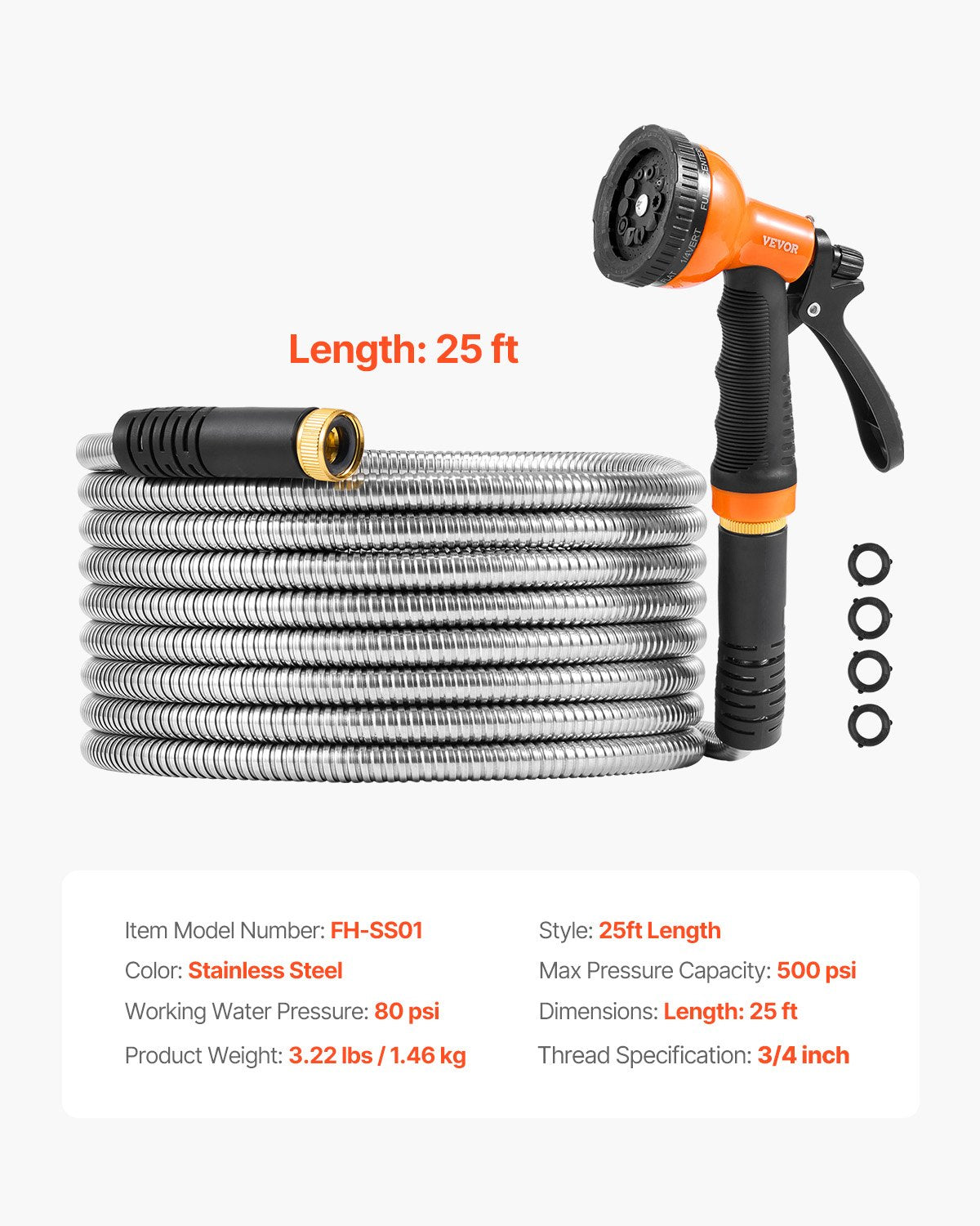 Metal Garden Hose 25 ft, Rust Proof Stainless Steel Water Hose, Heavy Duty Backyard Hose with 10 Function Nozzle, No-Kink & Flexible Water Pipe, Lightweight Metal Hose for Yard, Outdoor