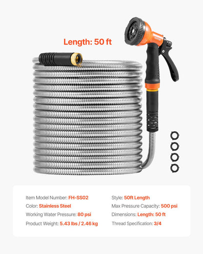 Metal Garden Hose 50 ft, Rust Proof Stainless Steel Water Hose, Heavy Duty Backyard Hose with 10 Function Nozzle, No-Kink & Flexible Water Pipe, Lightweight Metal Hose for Yard, Outdoor