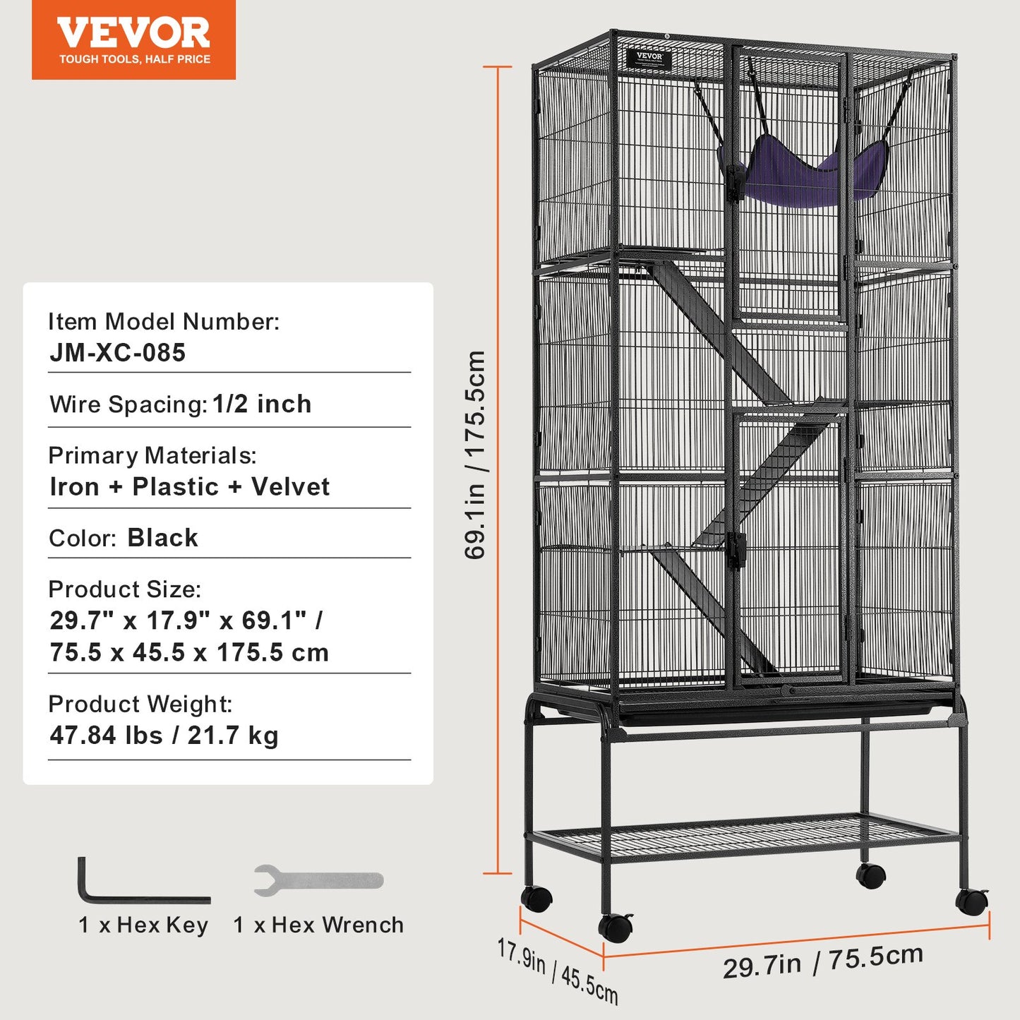 69" Rolling Metal Ferret Cage, Large 4-Tier Critter Nation Cage, Small Animal Cage with Ramps & Tray, Easy to Set up for Pet Rats, Hamster, Guinea Pig, Chinchilla, Squirrel, Hedgehogs, Bunny