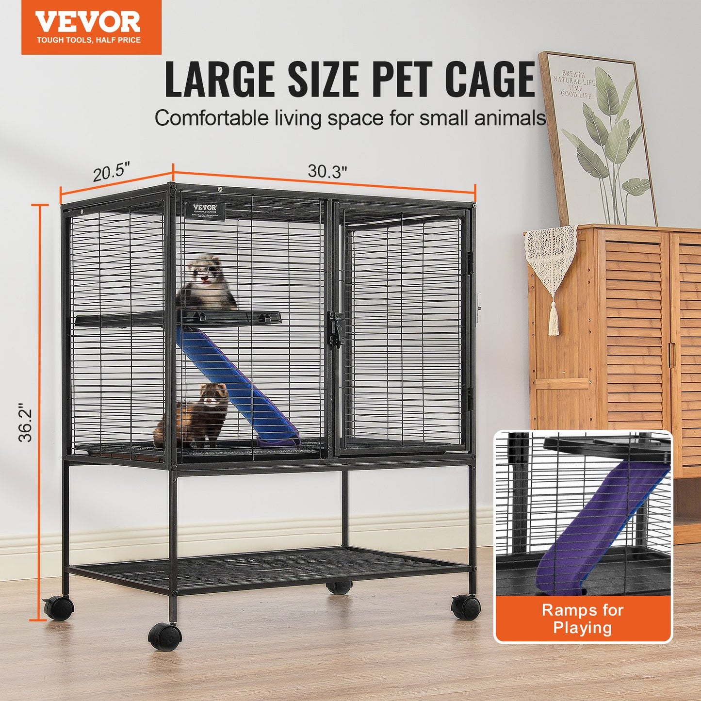 36" Metal Cage for Small Animals 2-Tier Rolling Ferret Cage with Tray A Ramp