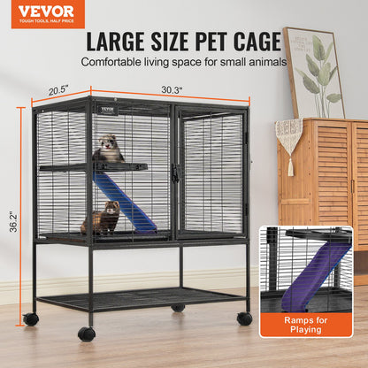 36" Metal Cage for Small Animals 2-Tier Rolling Ferret Cage with Tray A Ramp