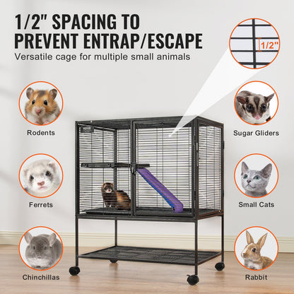 36" Metal Cage for Small Animals 2-Tier Rolling Ferret Cage with Tray A Ramp