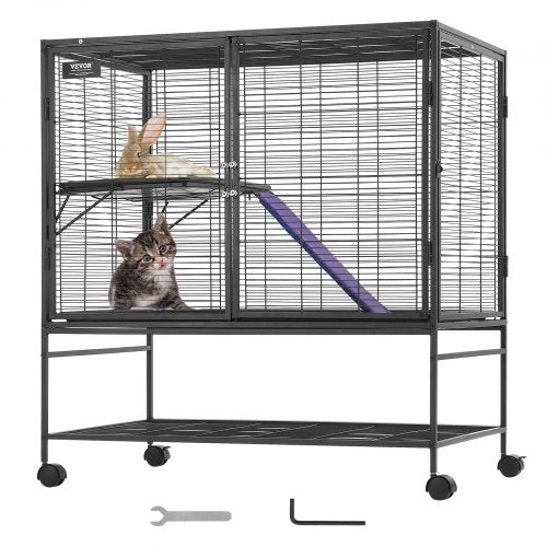 39" Metal Small Animal Cage 2-Tier Rolling Ferret Cage with Tray A Ramp