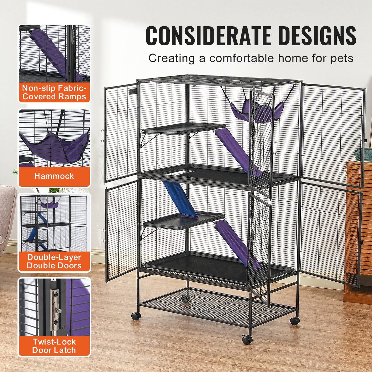 64,6" metallbur för smådjur 4-vånings rullande illerbur med fack 3 ramper