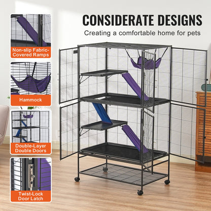 64,6" metallbur för smådjur 4-vånings rullande illerbur med fack 3 ramper