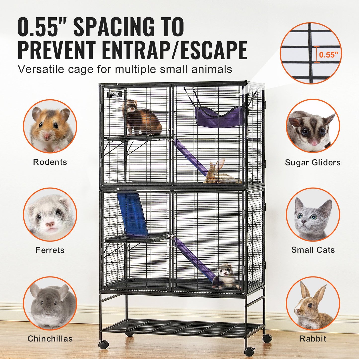 64.6" Rolling Metal Ferret Cage, Large 4-Tier Critter Nation Cage, Small Animal Cage with Ramps & Tray, Easy to Set up for Pet Rats, Hamster, Guinea Pig, Chinchilla, Squirrel, Hedgehogs, Bunny
