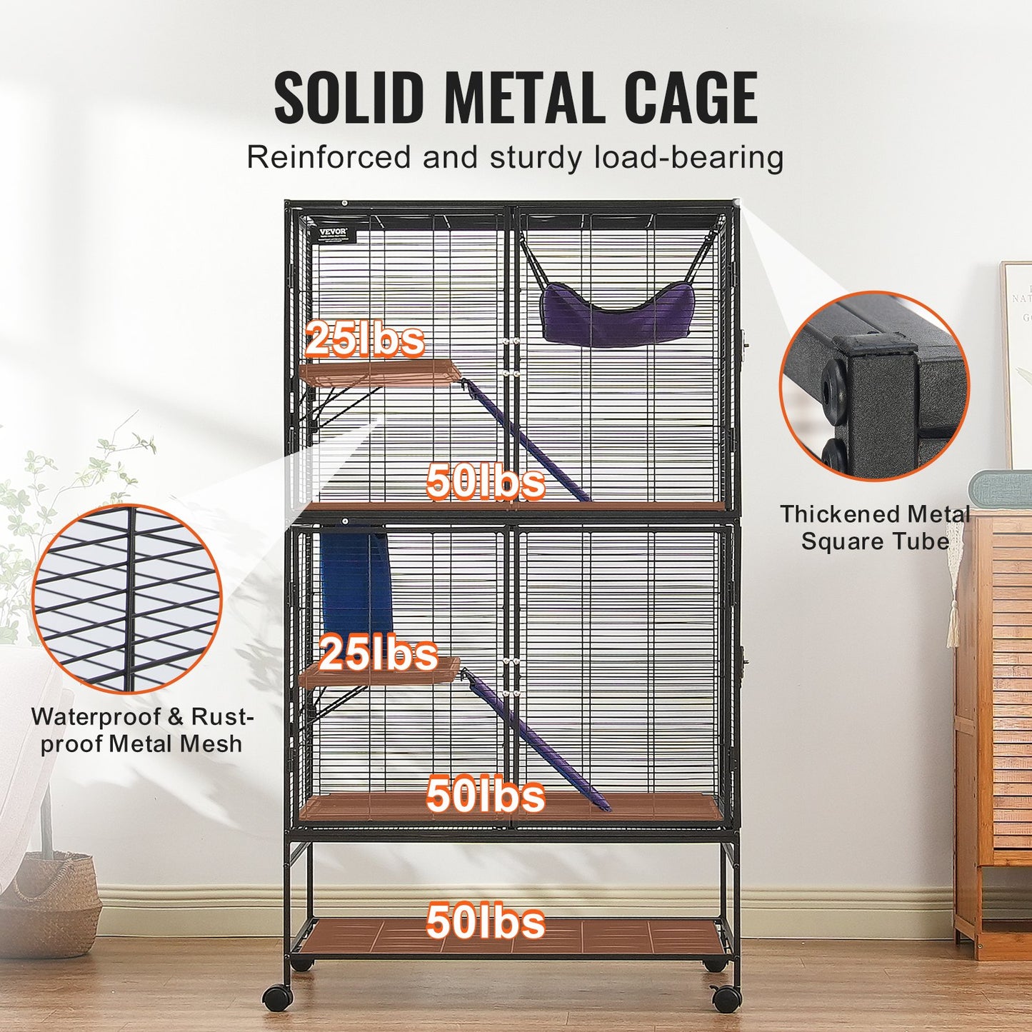 64.6" Rolling Metal Ferret Cage, Large 4-Tier Critter Nation Cage, Small Animal Cage with Ramps & Tray, Easy to Set up for Pet Rats, Hamster, Guinea Pig, Chinchilla, Squirrel, Hedgehogs, Bunny