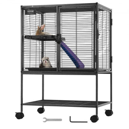 34" Metal Small Animal Cage 2-Tier Rolling Ferret Cage with Tray A Ramp