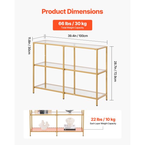 3-stufiger Glaskonsolentisch rechteckiger Couchtisch mit Kippschutz golden
