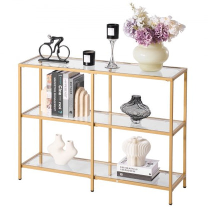 3-Tier Glass Console Table, Modern Rectangle Sofa Side Table with Tempered Glass Top and Iron Legs, Golden Consloe Desk with Anti-Tip Device for Living Room, Hallway, Entryway, Foyer, Golden