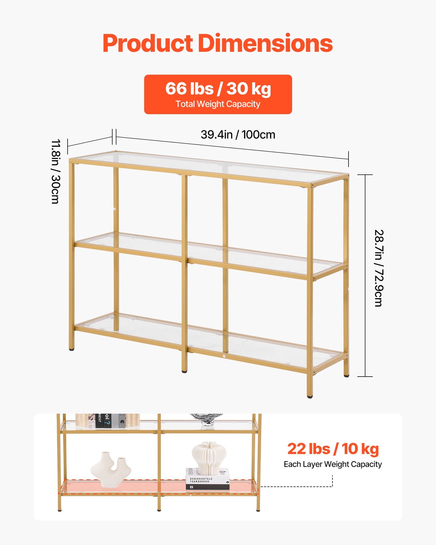 3-Tier Glass Console Table, Modern Rectangle Sofa Side Table with Tempered Glass Top and Iron Legs, Golden Consloe Desk with Anti-Tip Device for Living Room, Hallway, Entryway, Foyer, Golden