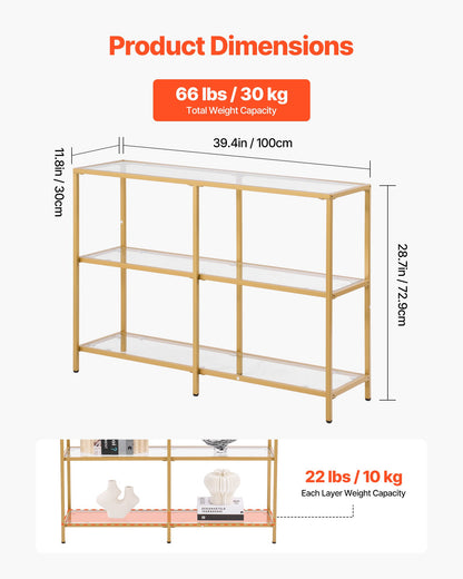 3-Tier Glass Console Table, Modern Rectangle Sofa Side Table with Tempered Glass Top and Iron Legs, Golden Consloe Desk with Anti-Tip Device for Living Room, Hallway, Entryway, Foyer, Golden